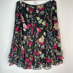 Lauren Ralph Lauren Black Floral A-Line Skirt with Pink, Green & Gold Accents